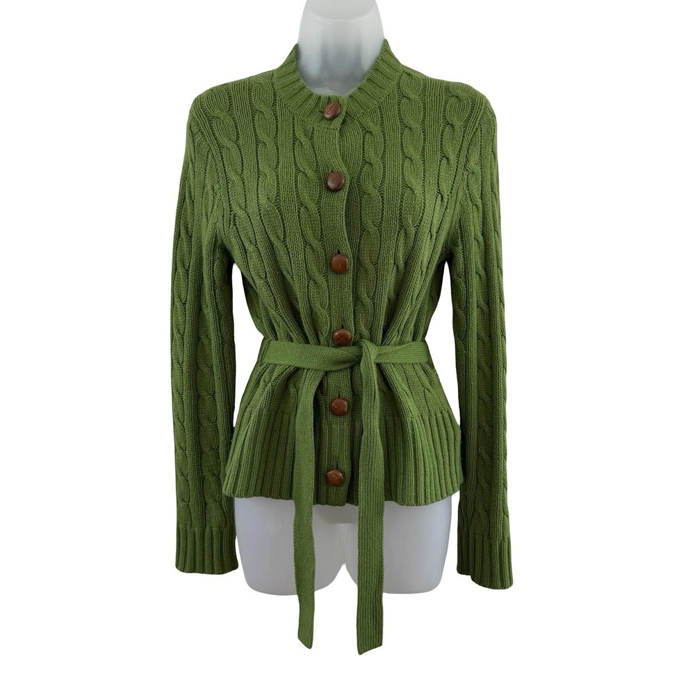 Vintage J.Crew Cardigan Sweater Womens Medium Green Cable Knit Belted Angora Y2K